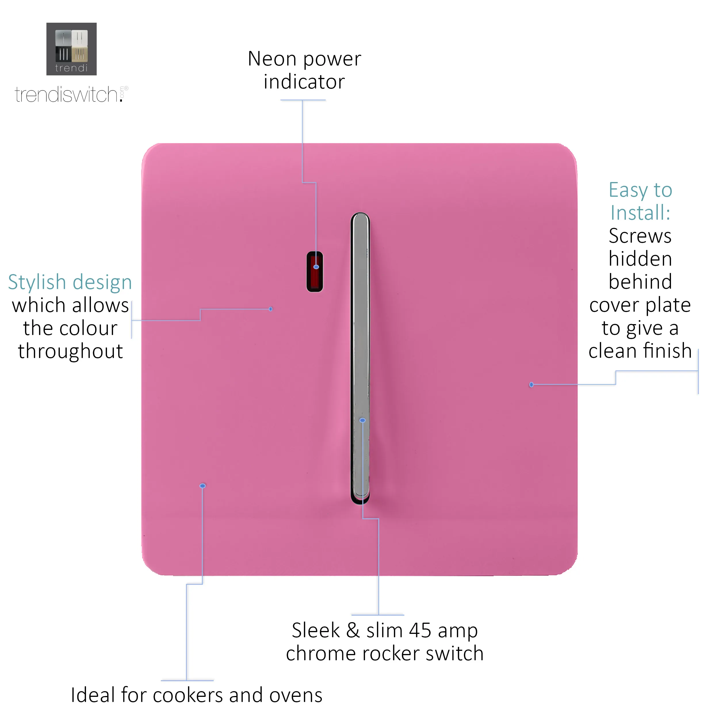 20 Amp Neon Insert Double Pole Switch Pink ART-WHS1PK  Trendi Pink
